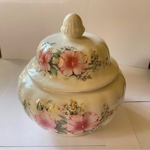 Vintage Italy large Jar with Lid / Flower Design Ceramic Porcelain Home Decor